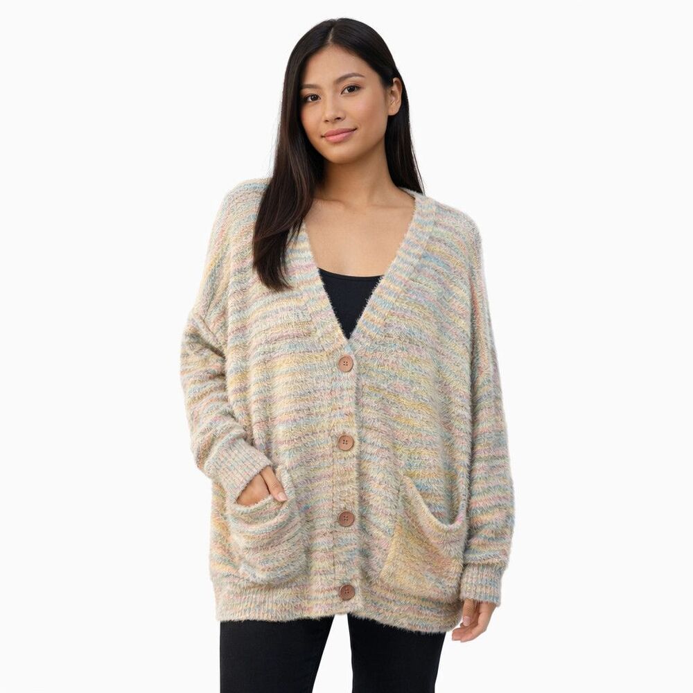 Chelsea & Violet Cardigan Sweater Womens XL Multicolor V Neck Fuzzy Knit Pockets